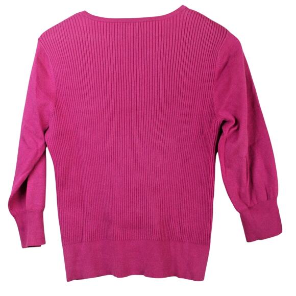Izod Fuschia 3/4 Sleeve Ribbed Cardigan Sweater Medium Buttoned - Picture 2 of 9